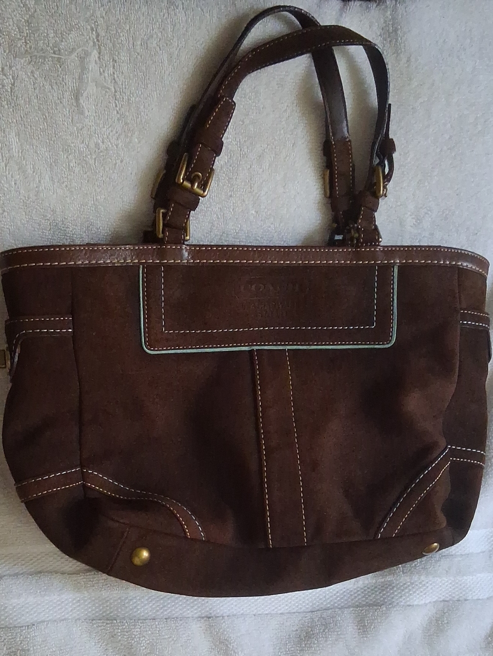 Coach Brown Suede Shoulder Tote with Gold-Tone Hardware